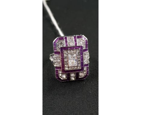 SILVER ART DECO STYLE GEOMETRIC PURPLE ENAMEL &amp; CZ RING