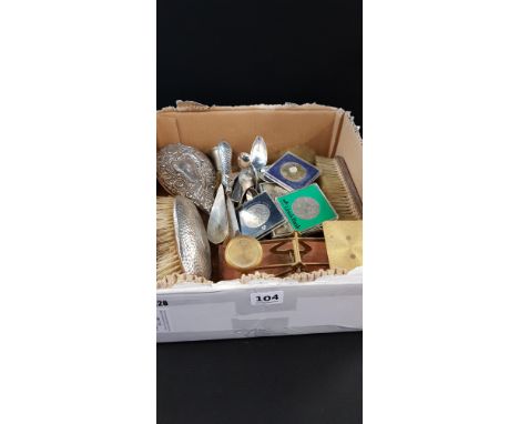 SMALL BOX OF SILVER ITEMS, SILVER PLATE, POSTAL SCALES AND COINS