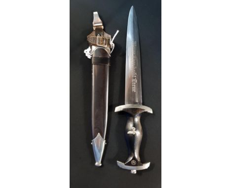 WW2 THIRD REICH SS OFFICERS DRESS DAGGER - EARLY MODEL CIRCA 1933/35 WITH SOLIC NICKEL FITTINGS AND BLACK ANODISED SCABBARD A