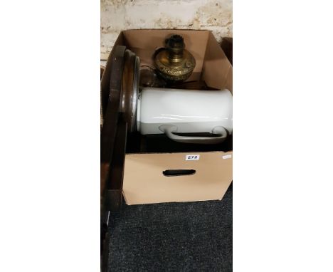 BOX LOT OF BOOKS, OIL LAMP, JUG AND BAROMETER