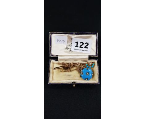 3 GOLD PINS AND 9CT GOLD CHAIN WITH TORQUOISE AND SEED PEARL MOURNING LOCKET