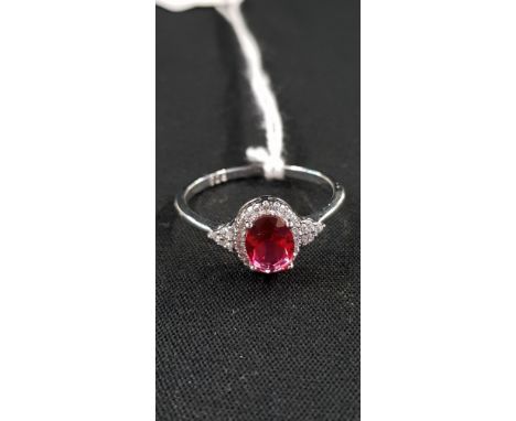 SILVER OVAL CUT SYNTHETIC RUBY &amp; CZ RING