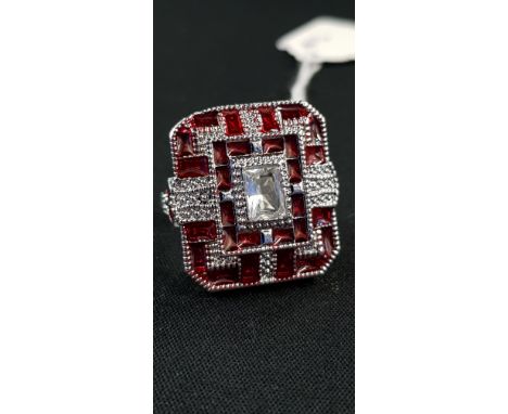 SILVER ART DECO STYLE GEOMETRIC RED ENAMEL &amp; CZ RING