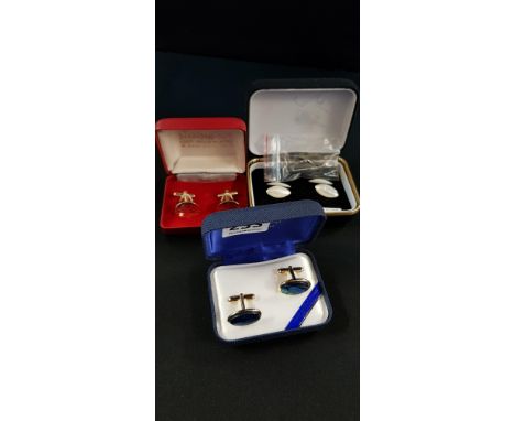 3 PAIRS OF CUFFLINKS (22 CARAT GOLD PLATED, DIAMOND CUT 22 CARAT GOLD PLATED, REAL MOTHER OF PEARL) &amp; A SILVER HYDROFOIL 
