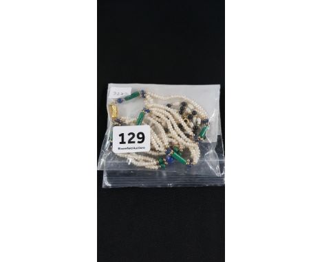 9CT GOLD PEARL AND SAPPHIRE NECKLACE ALONG WITH A PEARL LAPIS AND MALACHITE NECKLACE