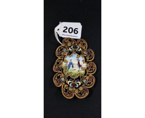 STUNNING MID 19TH CENTURY HEAVILY DECORATED AUSTRIAN VIENEESE ENAMEL BUCKLE CENTERED WITH ENAMEL CLASSICAL SCENE