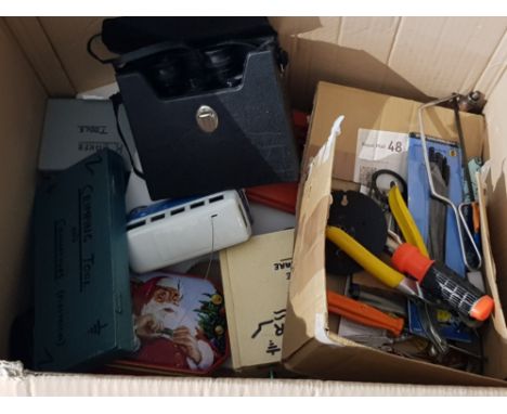 Miscellaneous tools to include hack saw, jigsaw parts etc together with a pair of binoculars.