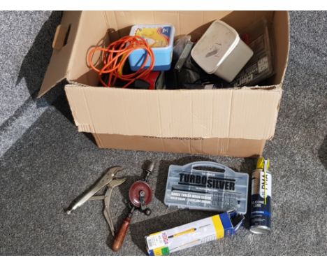 Miscellaneous tools to include a hand drill, drill pieces, soldering tool etc.