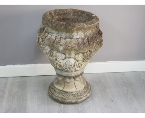 Large heavy stone cast garden planter on pedestal base, height 62cm x width 44cm
