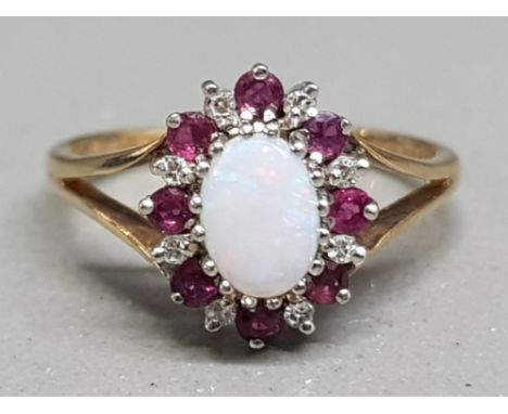 9ct gold opal, ruby &amp; diamond cluster ring, 2.4g size O