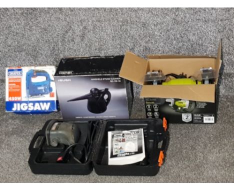 Electrical tools to include Draper jigsaw, sander, and Guild bench grinder together with a Bush steam cleaner.