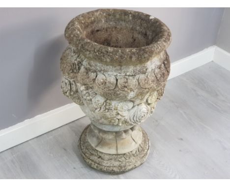 Large heavy stone cast garden planter on pedestal base, height 62cm x width 44cm