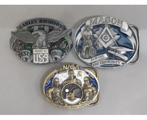 3 novelty USA cast metal belt buckles includes NASA, Mason &amp; Harley Davidson