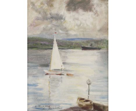 ▴ James McBey (1883-1959)A sailing boatsigned 'To Stuart Black/from James McBey' l.l., and dated '12 august 1924' l.c, oil on