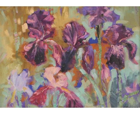 Aleksei Mikhaylov (Ukrainian, b.1934)'Irises', 2014signed in Cyrillic l.r., inscribed in Cyrillic and dated '2016' verso, oil