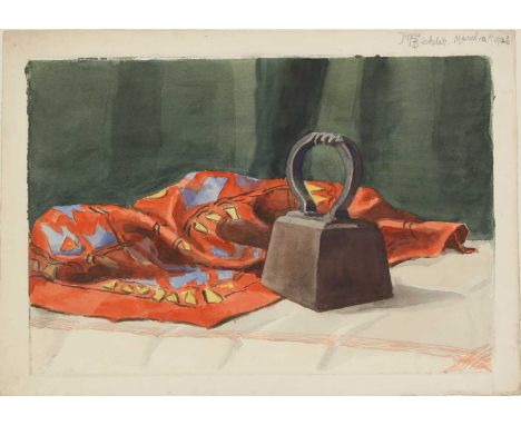 ▴ Joyce Bidder (1906-1999)A scarf and ironsigned and dated 'Joyce Bidder. March 12th 1926', u.r., watercolour28 x 39cm;togeth