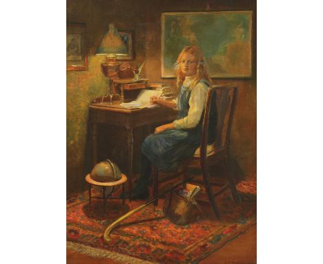 ▴ Annie Dora Symmons (1888-1970)A young girl seated at a desksigned l.r. and stamped 'E.S.K.' verso, oil on canvas69 x 51cmCo