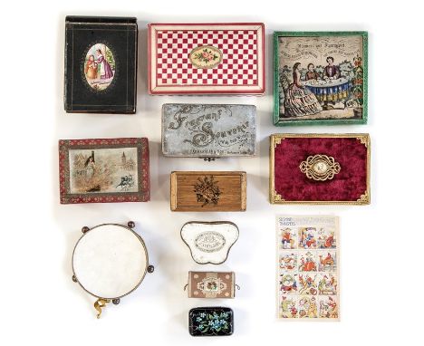 Ephemera. Collection of Victorian packaging boxes, card and paper construction, to include a red &amp; white checkered box wi