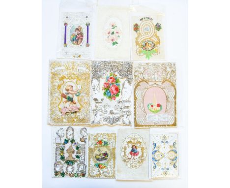 Collection of ten mid-Victorian Valentines, elaborate paper lace designs printed in silver and gold with romantic motifs (chr