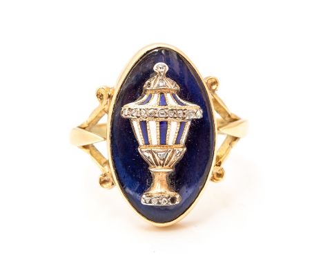 An 18th century yellow gold, enamel and diamond oval memorial ring, the central urn set with rose-cut diamonds and blue and w