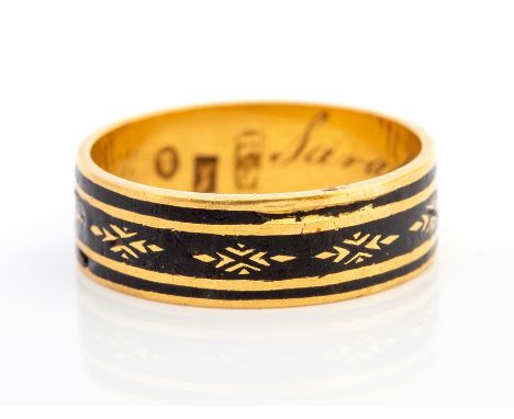 A George III gold and enamel mourning ring, the black enamelled band inscribed inside 'Sarah White ob 19 Jan 1792 aet 88', ma