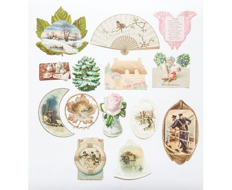 Collection of 14 Victorian die-cut chromolithographic Christmas cards, including sailor boys, flowers, moon, painter's palett