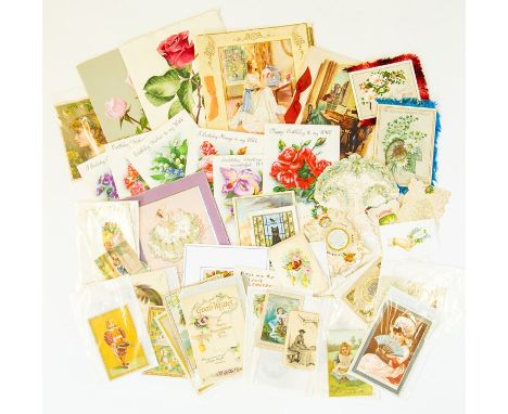 Collection of 35 Victorian &amp; Edwardian birthday and greetings cards, to include two late-Victorian chromolithographic car