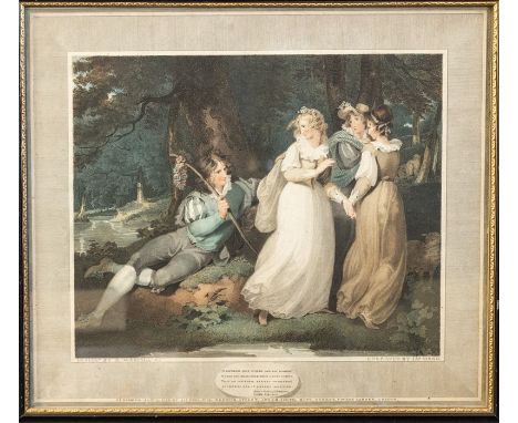 Valentine / Shakespeare Interest. Scarce 18th-century colour stipple engraving depicting romantic woodland scene with young g