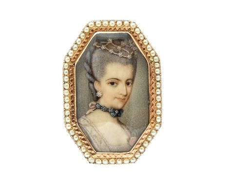 A 19th century gold mounted octagonal miniature portrait pendant/brooch, inset with a fine portrait of a lady within a seed p