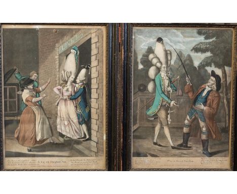 Pair of Georgian hand-coloured mezzotint engravings, 18th-century satires on fashion: 'What is this my Son Tom' (depicting fa