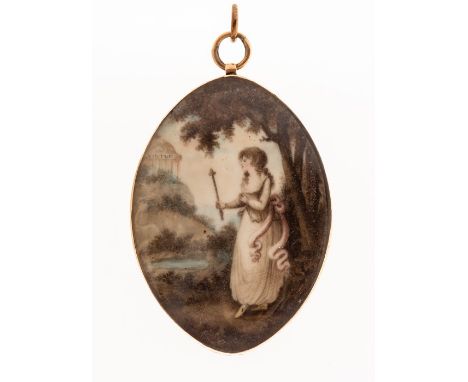 An 18th century navette shaped gold framed mourning pendant, the classical female stands holding a spindle before a monument 