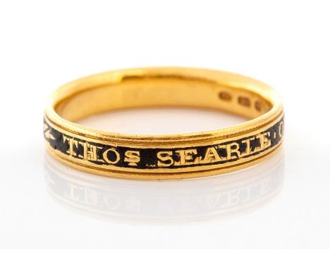 A George III gold and enamel mourning ring, the black enamelled band inscribed 'THOS SEARLE OB 31 JAN 1794 Æ 59', size Q, app