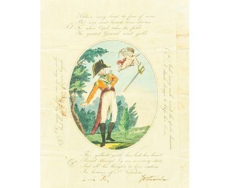 Late-Georgian Valentine, c.1820, hand-coloured etched central design of a soldier in uniform whose heart has been pierced by 