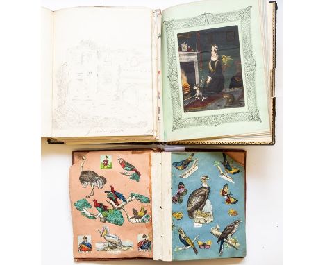 A mid-Victorian commonplace book, c.1860s, with coloured paper pages of manuscript verse, amateur sketches, and pasted photog