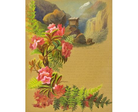 Helga von Cramm (1840-1919), St. Nicolaus, Christmas card design depicting flowers and snow-capped mountains, signed with ini