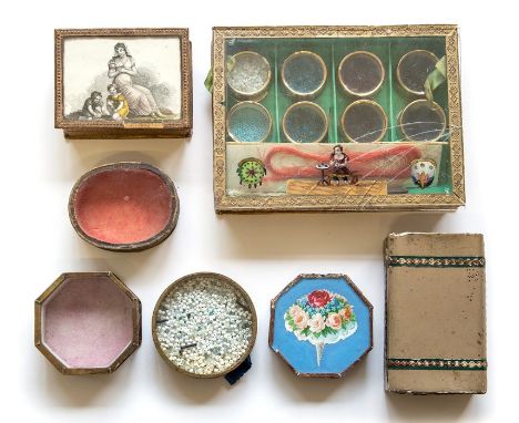 Ephemera. Collection of six jewellery/gift boxes, predominantly early Victorian, card and paper construction with glass lids,