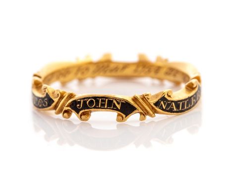 A mid-18th century gold and black enamel mourning ring, the scrolling band applied with black enamel inscribed 'JOHN NAILER  