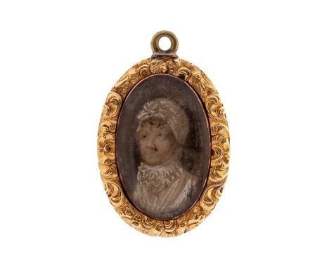 Am 18th/19th century gold oval pendant, set with a portrait of a lady wearing a bonnet, the gold border chased with foliate s