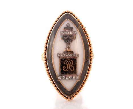 A late 18th century yellow gold, enamel and diamond navette shape mourning memorial ring, the central urn on plinth set with 