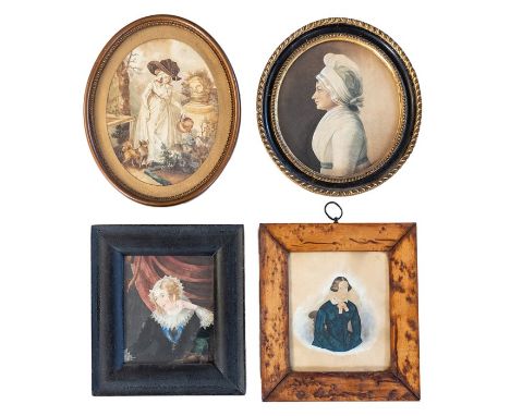 Collection of four miniature watercolour portraits, to include an early-19th century portrait of lady in lace collar, framed 
