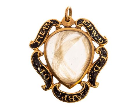 A George II gold and black enamel mourning pendant, the pear-shaped central glazed panel enclosing a lock of hair, within a s