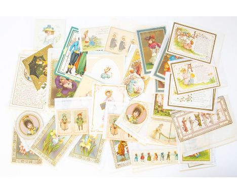 Collection of Kate Greenaway artist design cards, Victorian, comprising: four c.1880 cards by Marcus Ward depicting children 