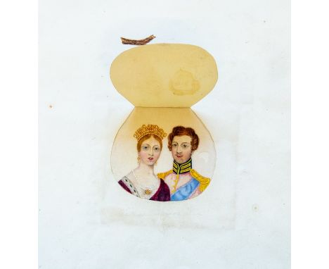 Early-Victorian handmade novelty card or Valentine, watercolour illustration of pear that lifts up to reveal portrait of Quee