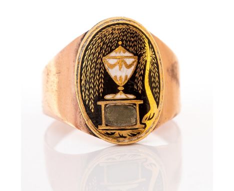 A George III gold and enamel mourning ring, black and white enamel depicting an urn on plinth set with a plait of hair under 