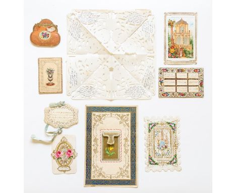 Collection of mid-Victorian Valentines, comprising: Cut-out Valentine, snowflake-like pattern with doves and manuscript verse