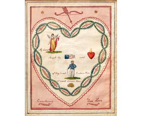 Regency period handmade Valentine in the form of a rebus (a puzzle with words represented by pictures). Ink &amp; watercolour