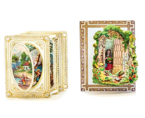 Collection of five Victorian chromolithographic mechanical Christmas &amp; New Year cards: 1) c.1870 card depicting bouquet o
