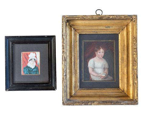 Early-19th Century English School, miniature portrait of young girl holding an open book, c.1820, oil on board, in period gil