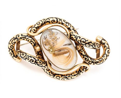 A large mid-19th century yellow metal, black enamel and hairwork mourning brooch/pendant, the twisted openwork frame with scr