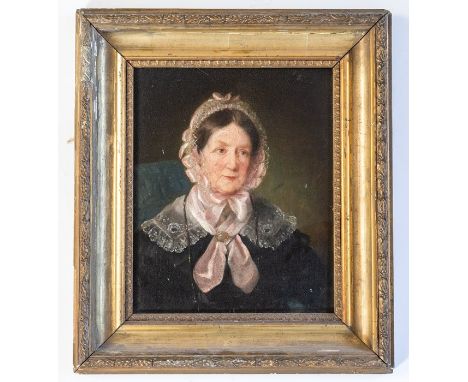 E. F. Green (19th Century), portrait of lady wearing silk and lace bonnet, signed and dated 1844 l.r., oil on board, gilt fra